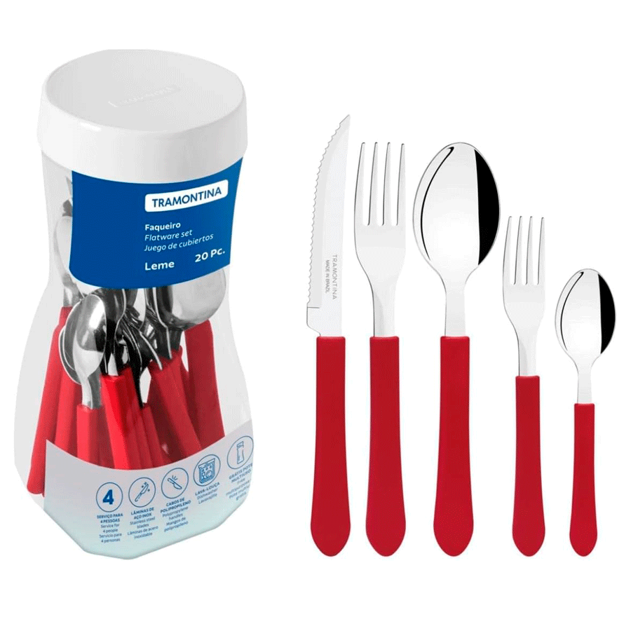 FAQUEIRO INOX 20PCS CABO PLASTICO VERMELHO LEME TRAMONTINA